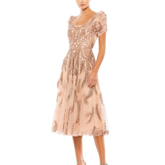MAC DUGGAL 5434 SHORT SLEEVE BEADED A-LINE TEA LENGTH MIDI APRICOT DRESS sz 8 - Picture 1 of 5